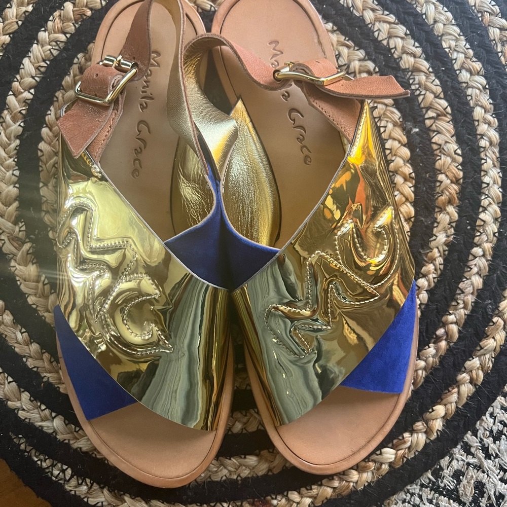 Manila Grace made in Italy leather sandals in gold/blue. Size 39. Never Worn. - Picture 2 of 4